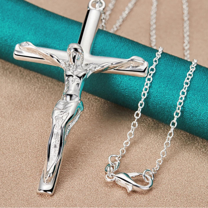 925 Sterling Silver Jesus Cross Pendant Necklace Chain For Woman Man