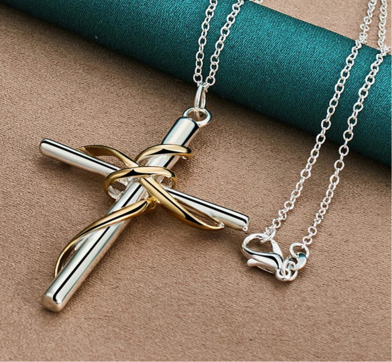 925 Sterling Silver Gold Cross Pendant Necklace Chain For Woman Man