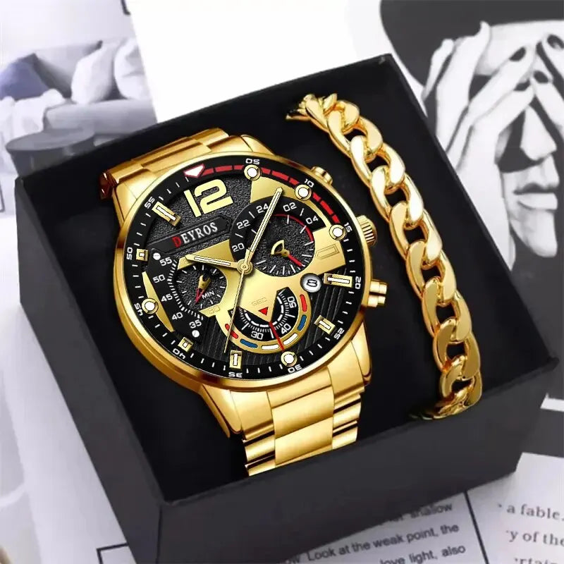 Luxury Mens Quartz Watch With Stainless Steel Bracelet