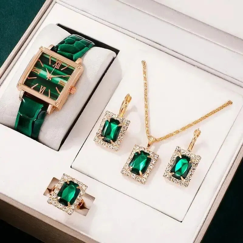 Womens Fashion Quartz Square Watch Jewelry Set
