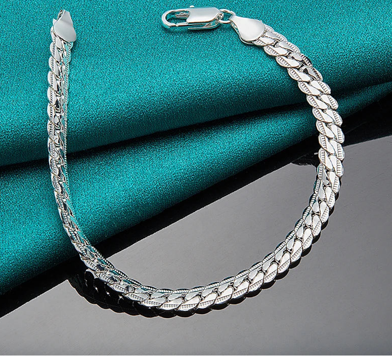 925 Silver Bracelet 6mm Flat Side Chain Lobster Clasp For Woman Man