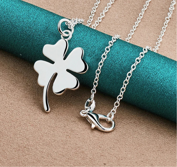 925 Sterling Silver Four Leaf Clover Pendant Necklace Chain For Woman