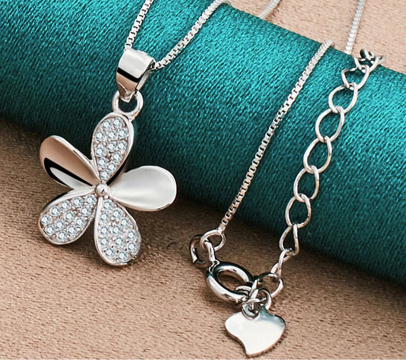 925 Sterling Silver Petal Pendant Necklace Full AAA Zircon Chain For Woman