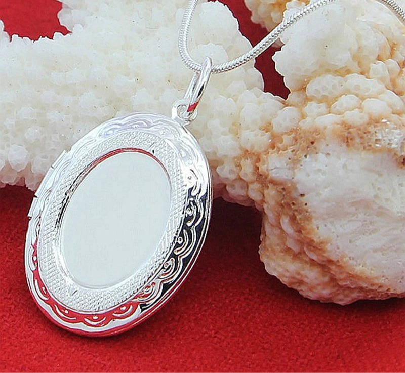925 Sterling Silver Oval Round Photo Frame Pendant Womens Necklace