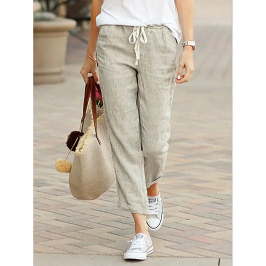 Autumn Cotton Womens Pants Drawstring Elastic Waist Casual Pants