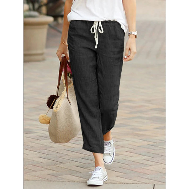 Autumn Cotton Womens Pants Drawstring Elastic Waist Casual Pants