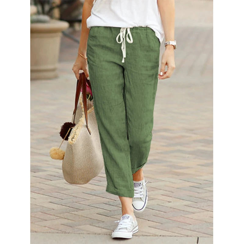 Autumn Cotton Womens Pants Drawstring Elastic Waist Casual Pants