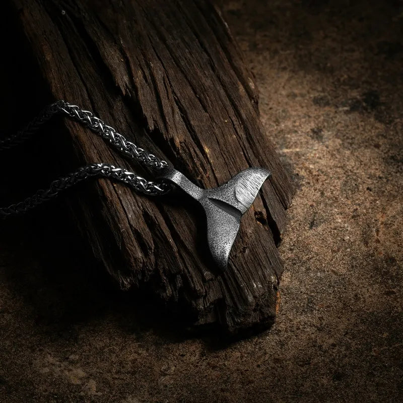 Ocean Style Vintage Oxidized Stainless Steel Whale Tail Pendant Necklace