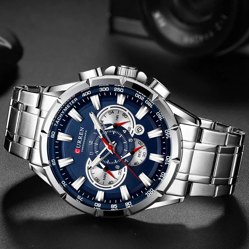 Mens Chronograph Quartz Watch Waterproof Sport Stainless Steel Wristwatch