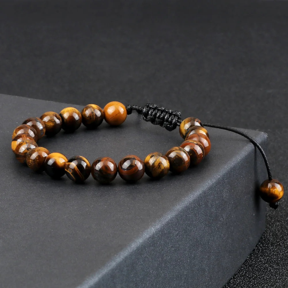 Natural Tiger Eye Stone Bracelet Round Beads Braided String Bracelets