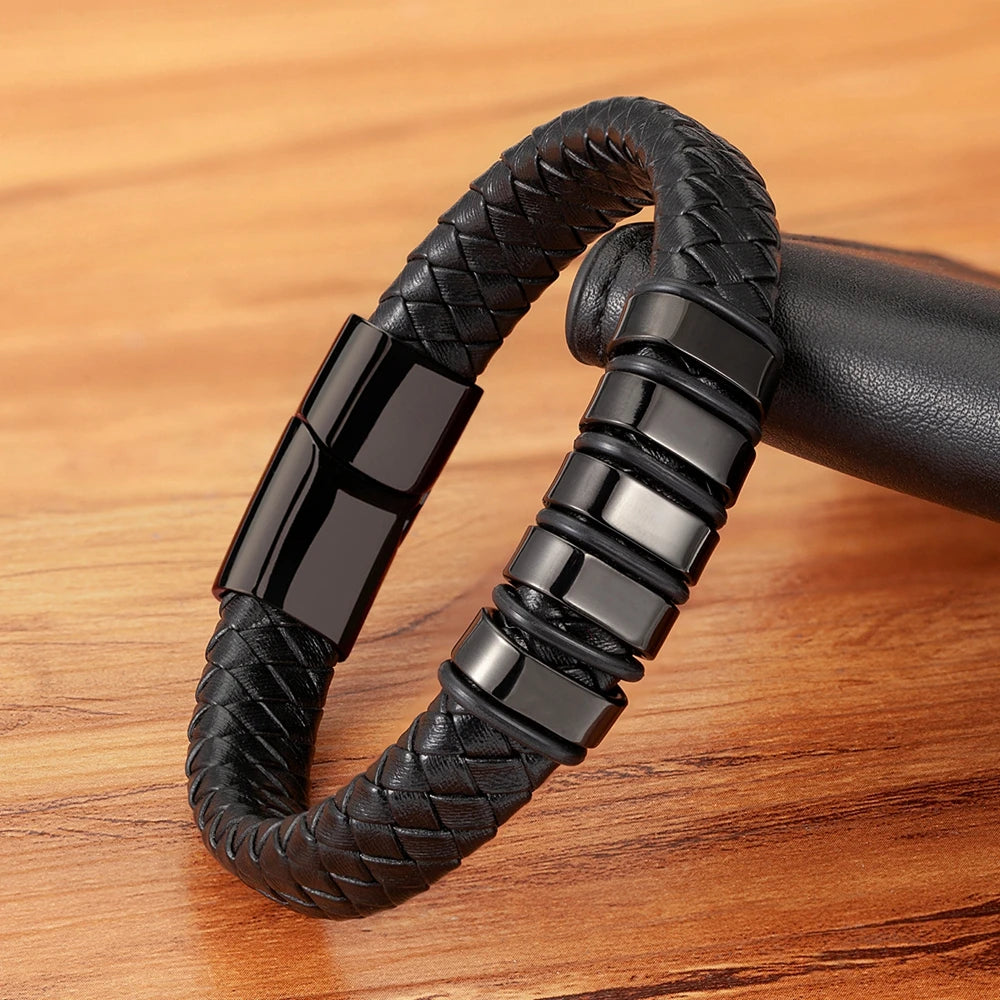 Luxury Braided Rope Black Leather Stainless Steel Mens Bracelet