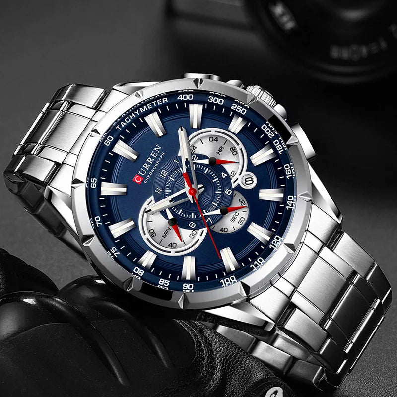 Mens Chronograph Quartz Watch Waterproof Sport Stainless Steel Wristwatch