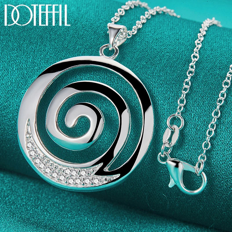 925 Sterling Silver AAA Zircon Round Spiral Pendant Necklace For Woman Man