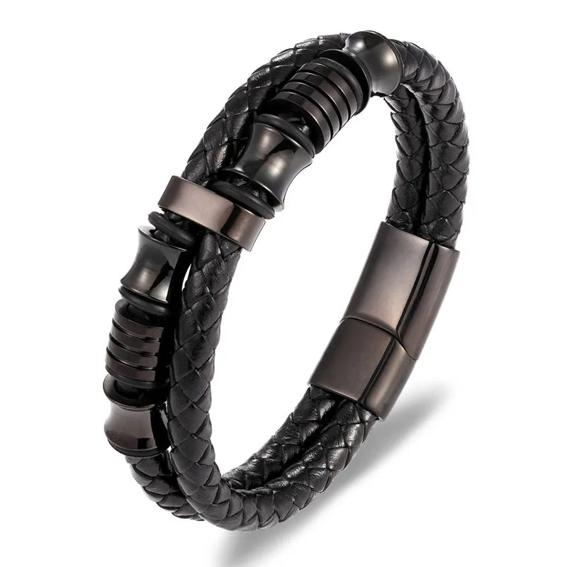 Fashion Stainless Steel Charm Magnetic Mens Leather Bracelet