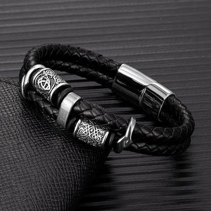 Punk Viking Style Stainless Steel Beads Braided Multilayer Leather Bracelet