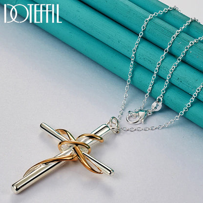 925 Sterling Silver Gold Cross Pendant Necklace Chain For Woman Man