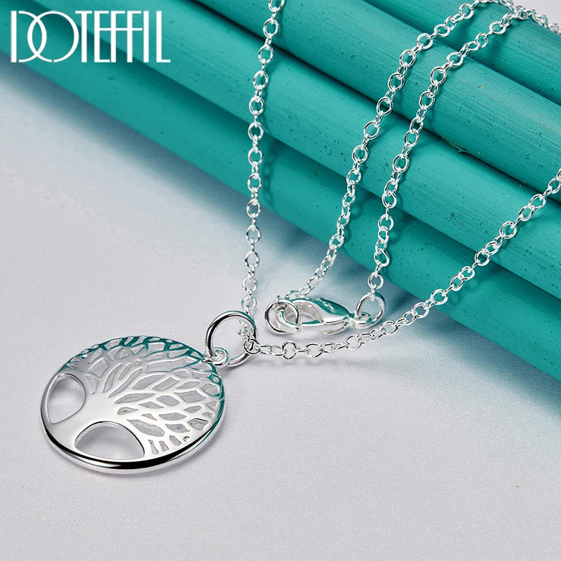 925 Sterling Silver Chain Tree Round Pendant Necklace For Woman