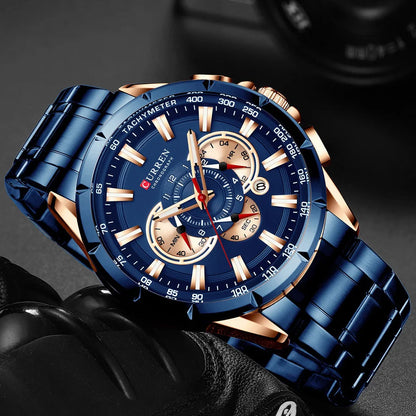 Mens Chronograph Quartz Watch Waterproof Sport Stainless Steel Wristwatch