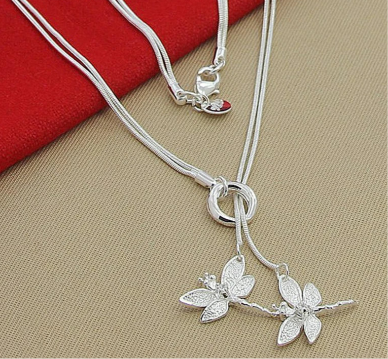 925 Sterling Silver Two Dragonfly Pendant Snake Chain Necklace For Women