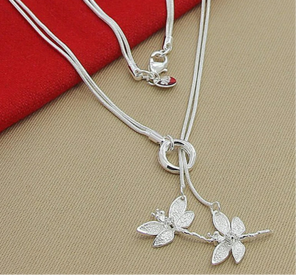 925 Sterling Silver Two Dragonfly Pendant Snake Chain Necklace For Women