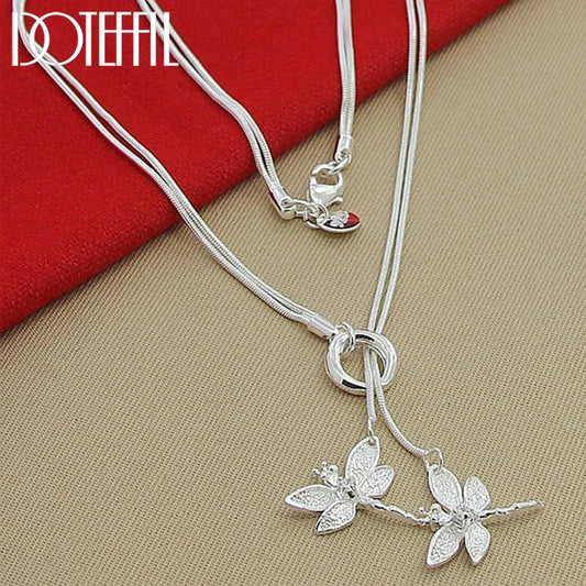 925 Sterling Silver Two Dragonfly Pendant Snake Chain Necklace For Women