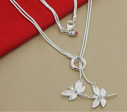 925 Sterling Silver Two Dragonfly Pendant Snake Chain Necklace For Women