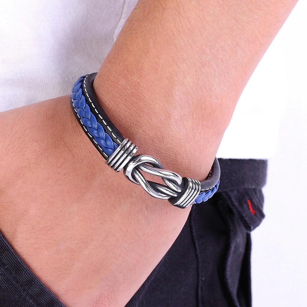 Geometric Stainless Steel Mens Leather Bracelet