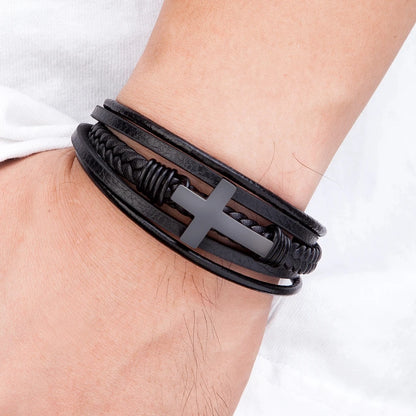 Multicolor Cross Design Classic Stainless Steel Mens Leather Bracelet