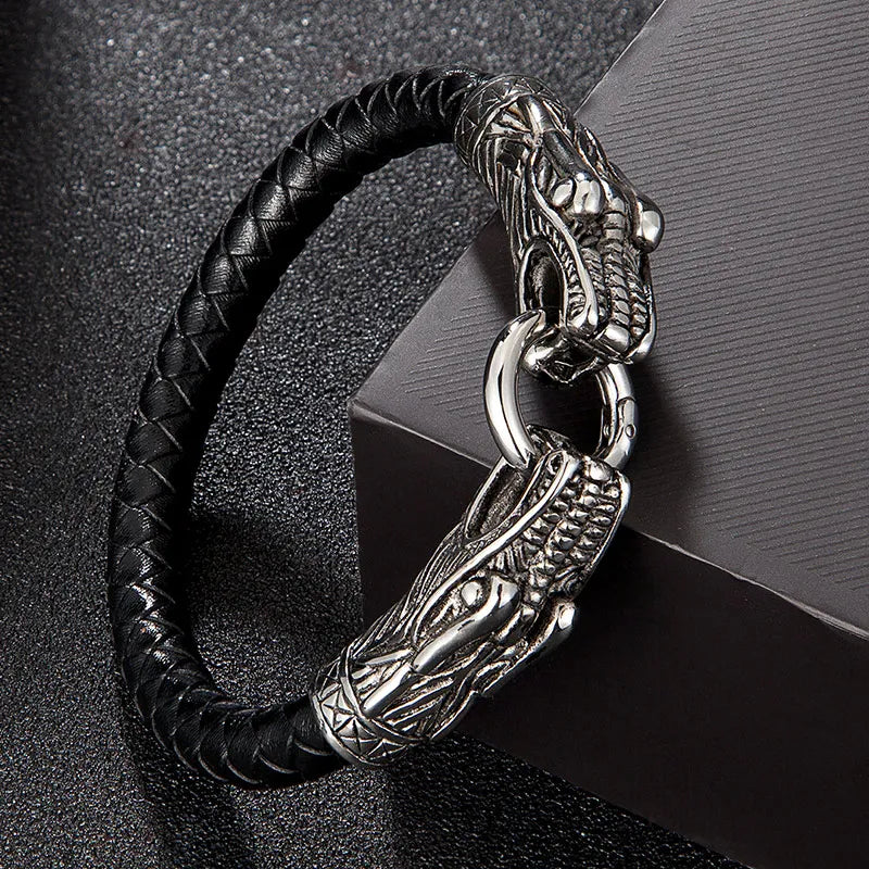 Classic Viking Stainless Steel Mens Leather Bracelet