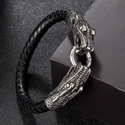 Classic Viking Stainless Steel Mens Leather Bracelet