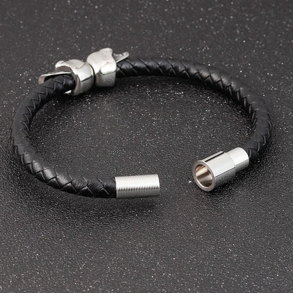 Stainless Steel Cool Skull Braided Mens Leather Bracelet