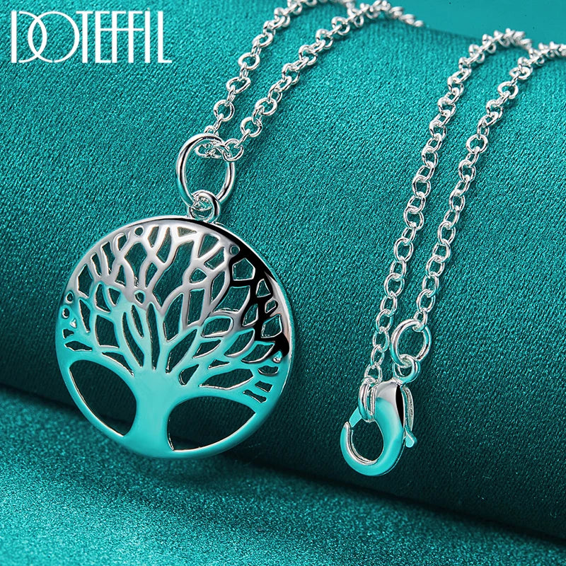 925 Sterling Silver Chain Tree Round Pendant Necklace For Woman