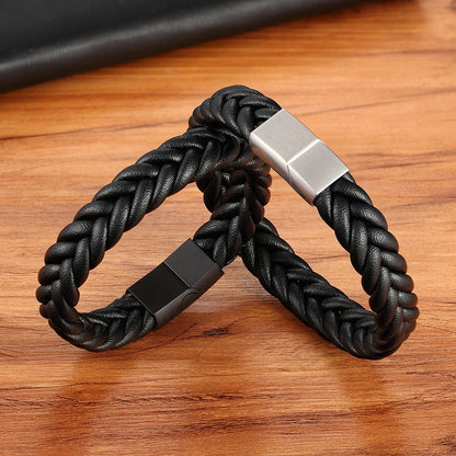 Classic Style Stainless Steel Leather Mens Bracelet