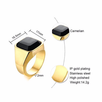 Mens Ring Black Carnelian Signet Rings Stainless Steel Square Pinky Rings
