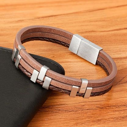 Three Layer Stitching Accessories Stainless Steel Mens Leather Bracelet