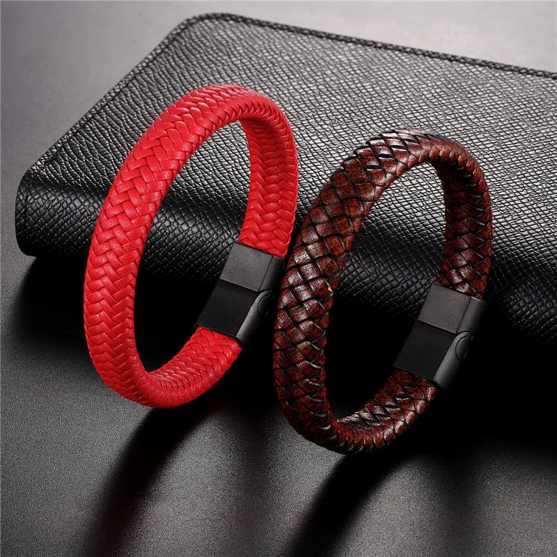 Punk Mens Leather Bracelet Magnetic Clasp Braided Woven Bangle