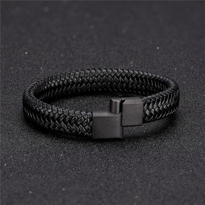 Mens Leather Bracelet Titanium Rope Steel Magnetic Clasp Bracelets