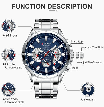 Mens Chronograph Quartz Watch Waterproof Sport Stainless Steel Wristwatch