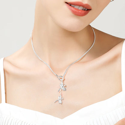 925 Sterling Silver Two Dragonfly Pendant Snake Chain Necklace For Women