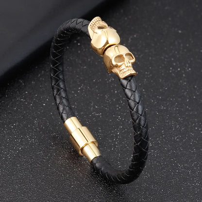 Stainless Steel Cool Skull Braided Mens Leather Bracelet