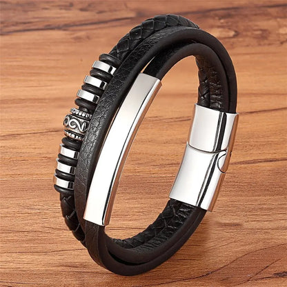 Fashion Stainless Steel Charm Magnetic Mens Leather Bracelet