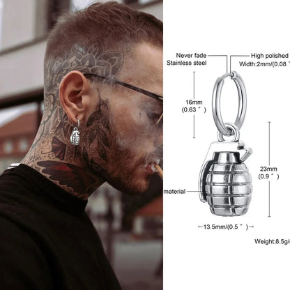 Fun Grenade Shaped Earrings for Men Stainless Steel Hoop Earring