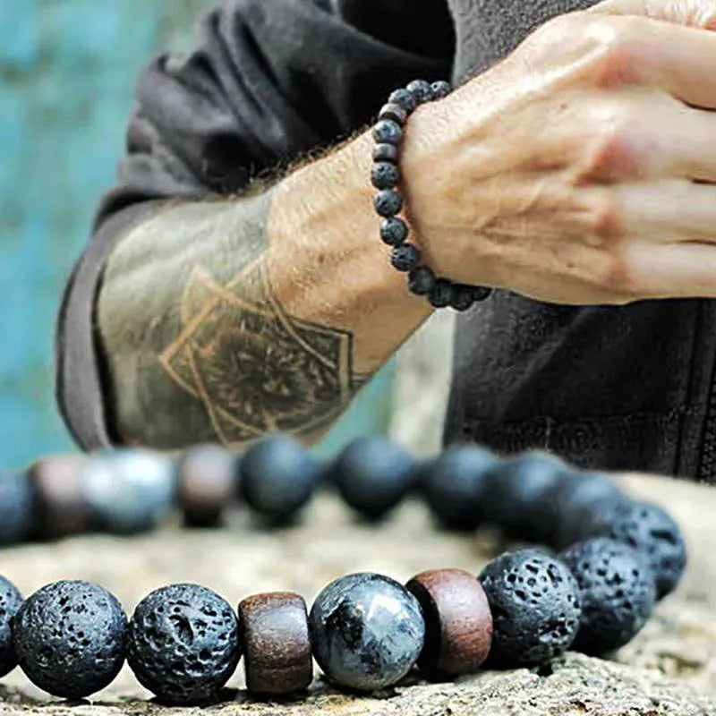 Volcanic Stone Bracelet for Mens Lava Wooden 8mm Beads Bracelet