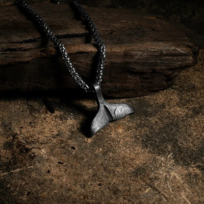 Ocean Style Vintage Oxidized Stainless Steel Whale Tail Pendant Necklace