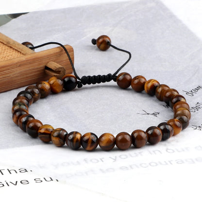 Natural Tiger Eye Stone Bracelet Round Beads Braided String Bracelets