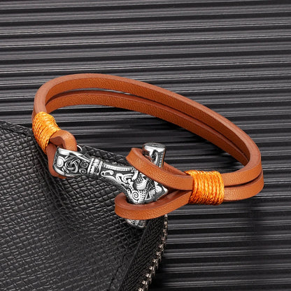 Vintage Thor Mjolnir Hammer Double Strand Leather Mens Bracelet