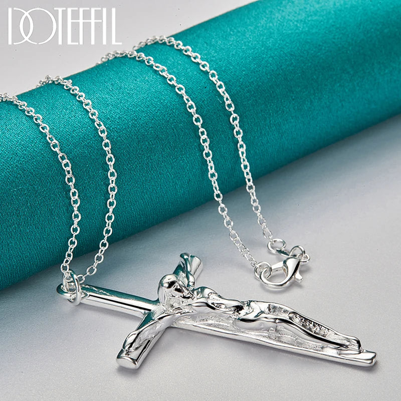 925 Sterling Silver Jesus Cross Pendant Necklace Chain For Woman Man