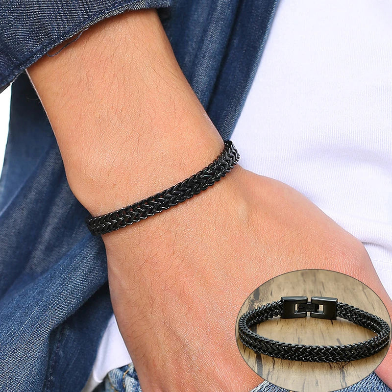 Vintage Oxidized Cool Double Curb Chain Mens Bracelet