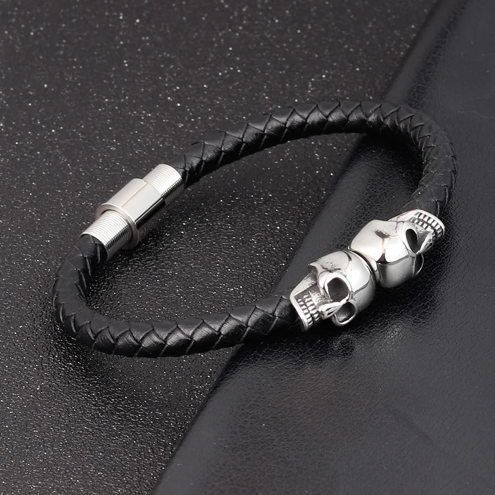 Stainless Steel Cool Skull Braided Mens Leather Bracelet