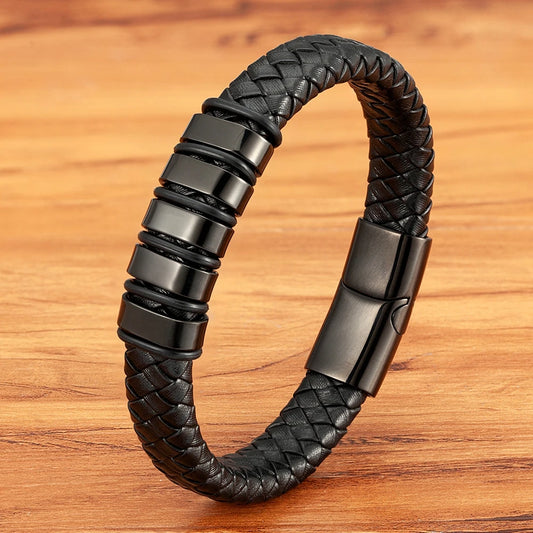 Luxury Braided Rope Leather Stainless Steel Mens Bracelet